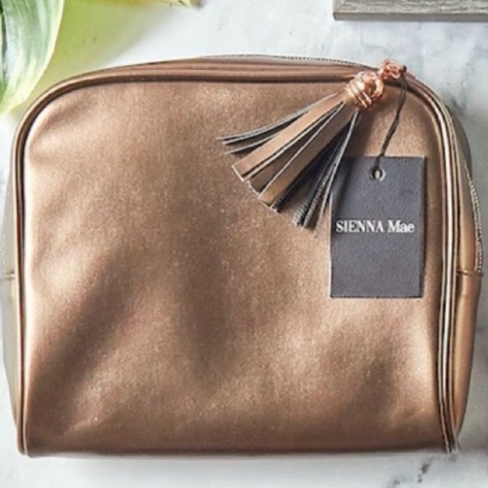 NWT Sienna Mae Cosmetic Pouch, synthetic bronze leather w/tassel & metal details